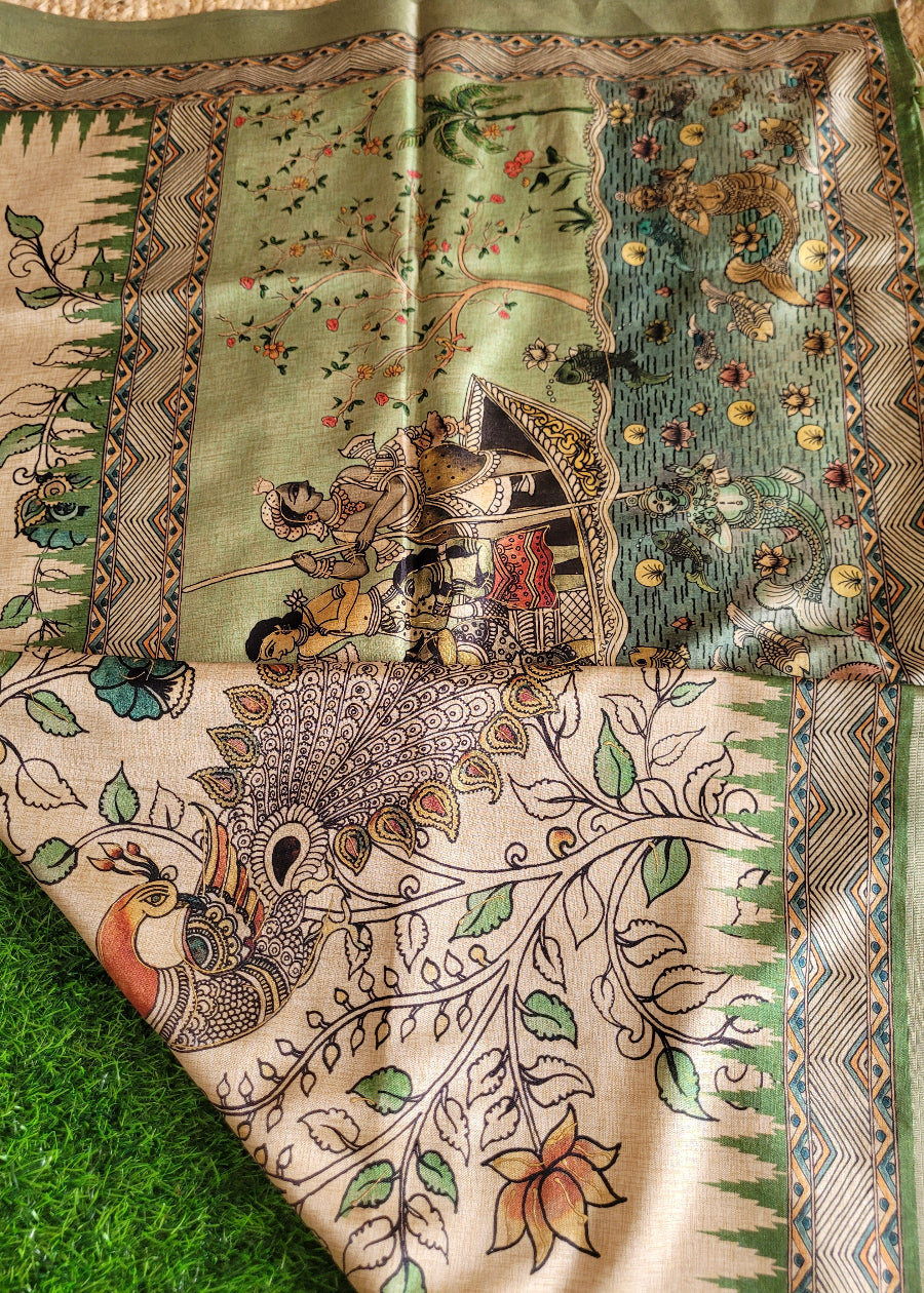 Cream and Sage Green Kalamkari Semi Silk With Maggam Work- Andhra