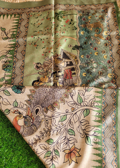 Cream and Sage Green Kalamkari Semi Silk With Maggam Work- Andhra