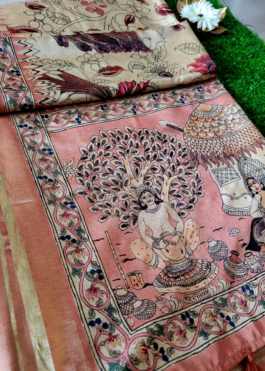 Cream And Peach Colour Kalamkari SemiSilk Saree With Maggam Work-Andhra