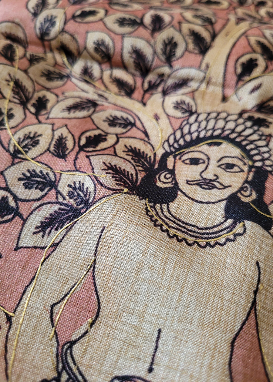 Cream And Peach Colour Kalamkari SemiSilk Saree With Maggam Work-Andhra