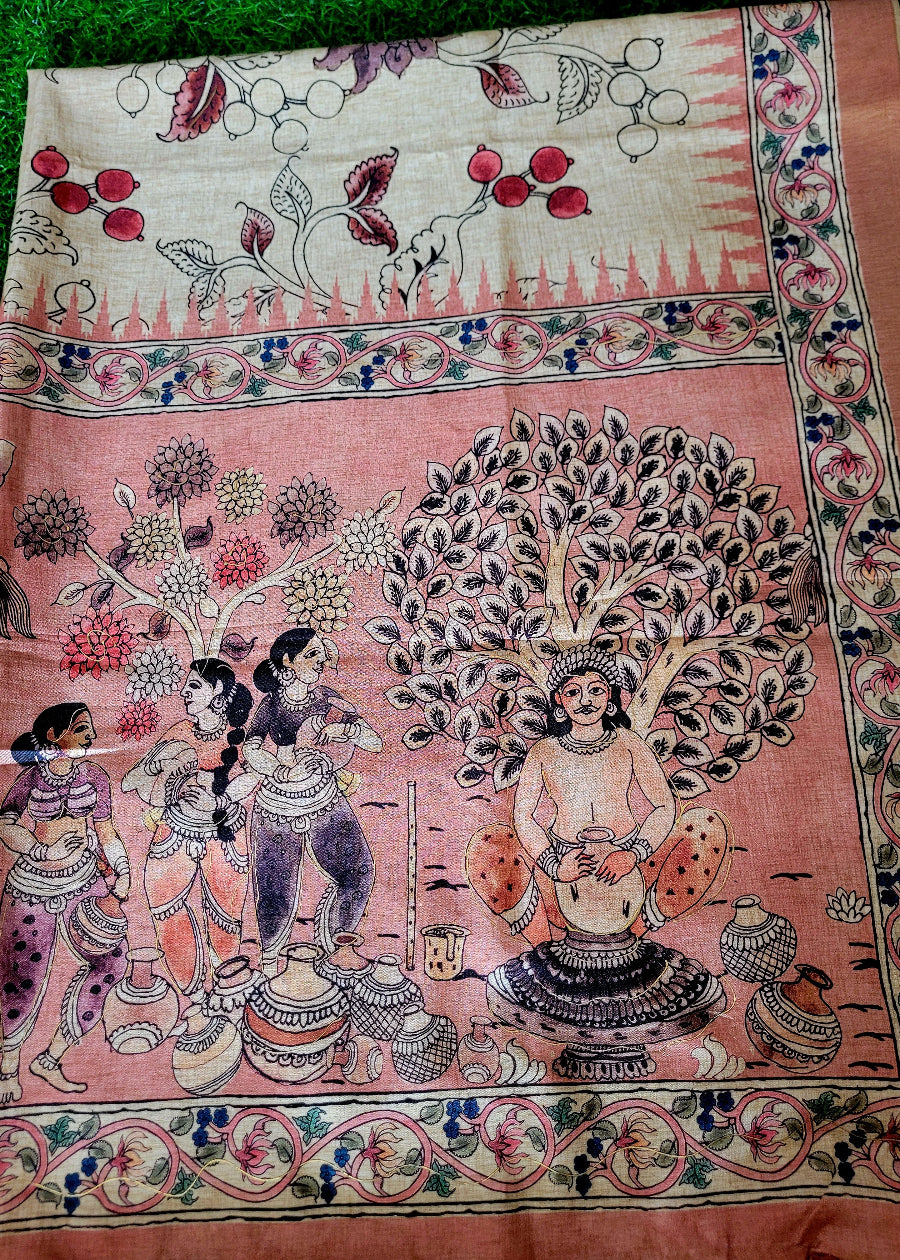 Cream And Peach Colour Kalamkari SemiSilk Saree With Maggam Work-Andhra