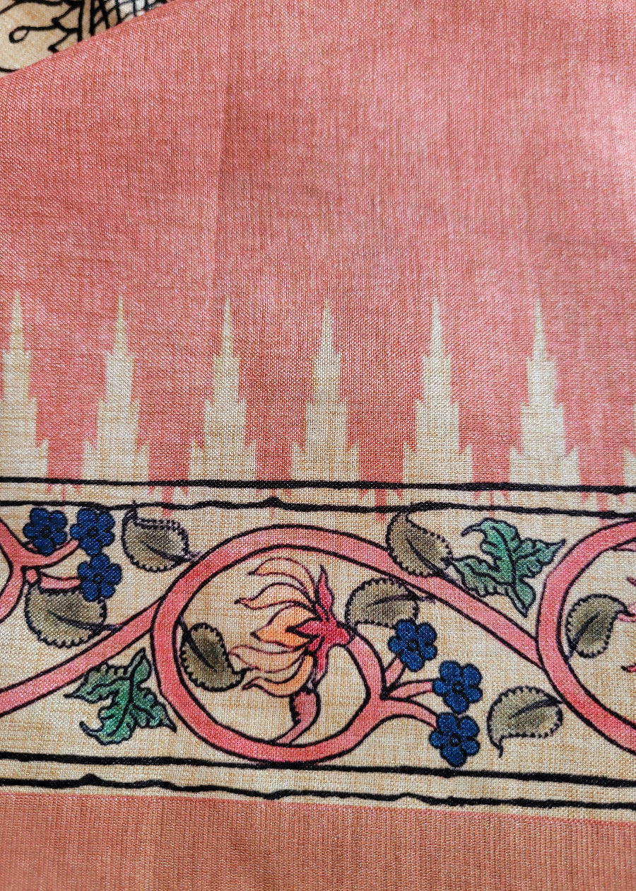 Cream And Peach Colour Kalamkari SemiSilk Saree With Maggam Work-Andhra
