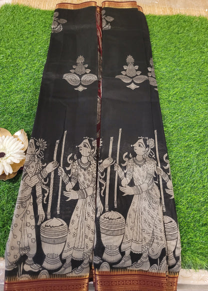 Mangalgiri Semi Silk Saree In Black And Maroon- Andhra