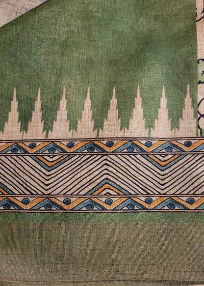 Cream and Sage Green Kalamkari Semi Silk With Maggam Work- Andhra