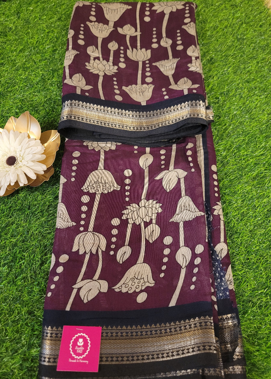 Dark Wine And Black Semi Kalamkari Silk Saree- Andhra