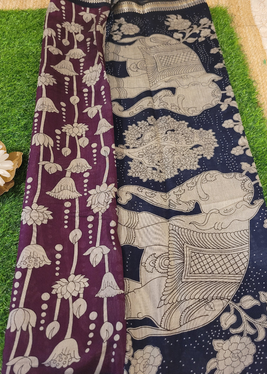 Dark Wine And Black Semi Kalamkari Silk Saree- Andhra