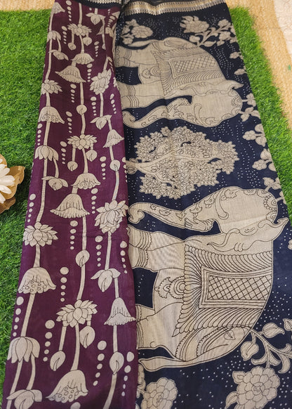Dark Wine And Black Semi Kalamkari Silk Saree- Andhra