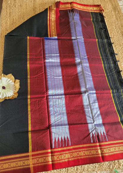 Black And Red Ilkal Silk Cotton Saree- Karnataka