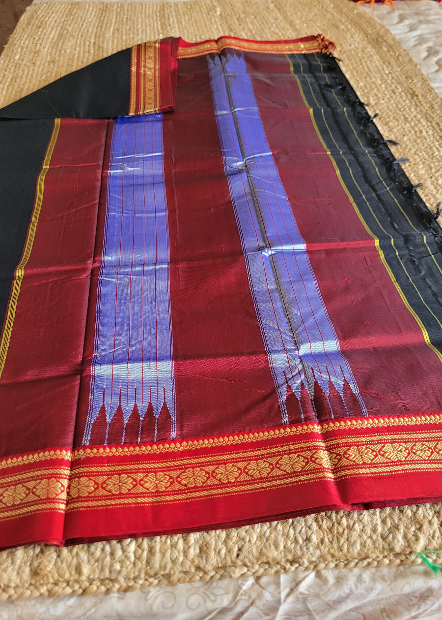 Black And Red Ilkal Silk Cotton Saree- Karnataka