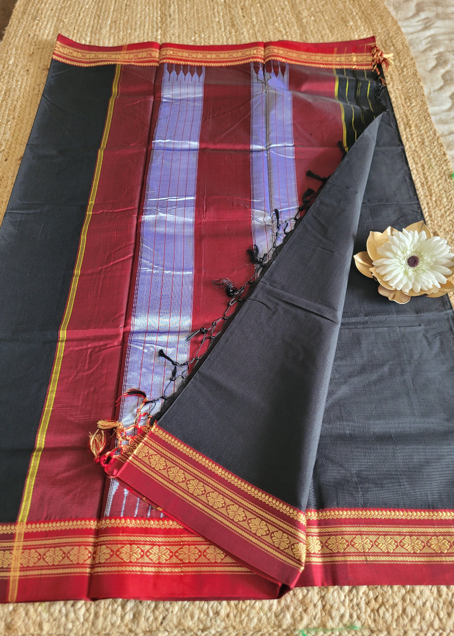 Black And Red Ilkal Silk Cotton Saree- Karnataka
