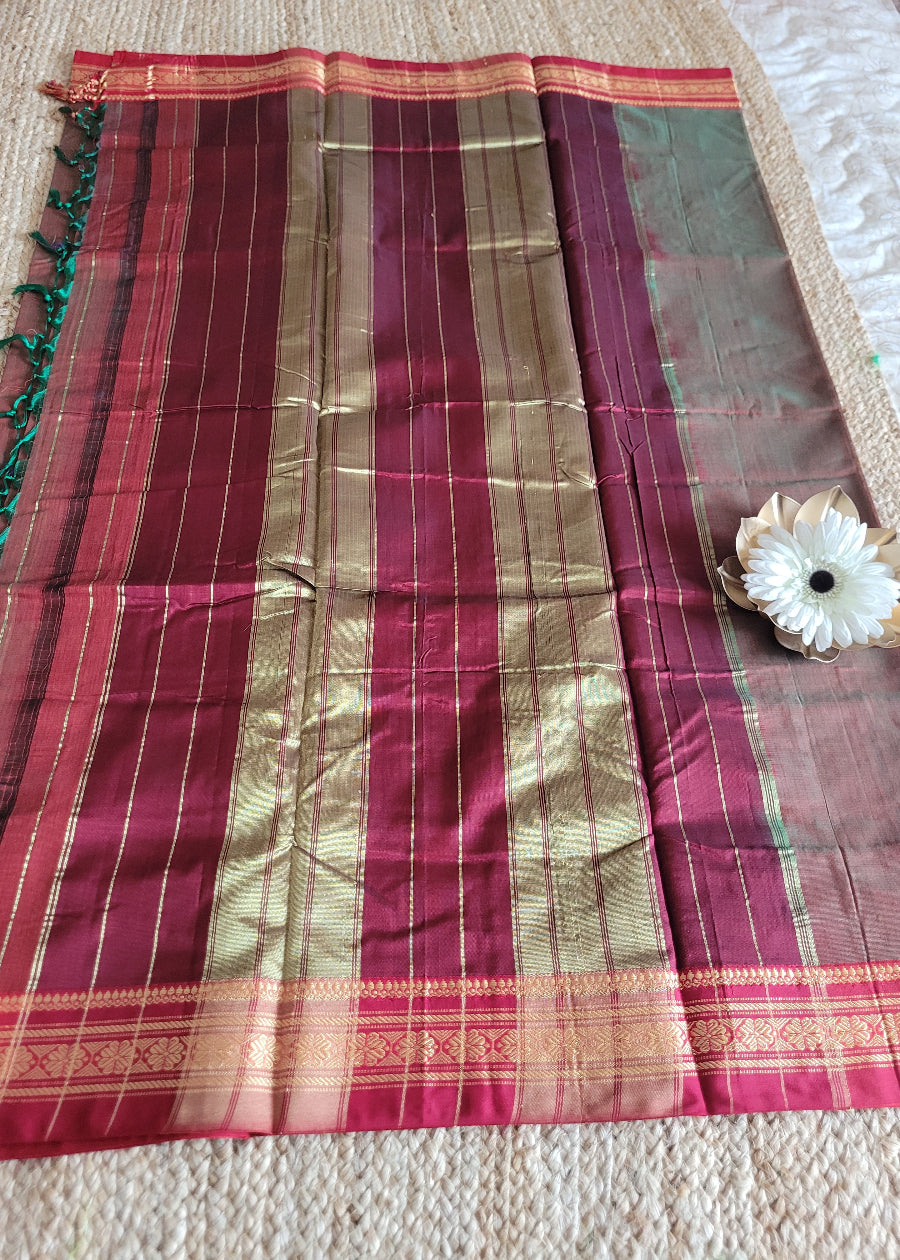 Brown And Red Dual Tone Ilkal Silk Cotton Saree -Karnataka