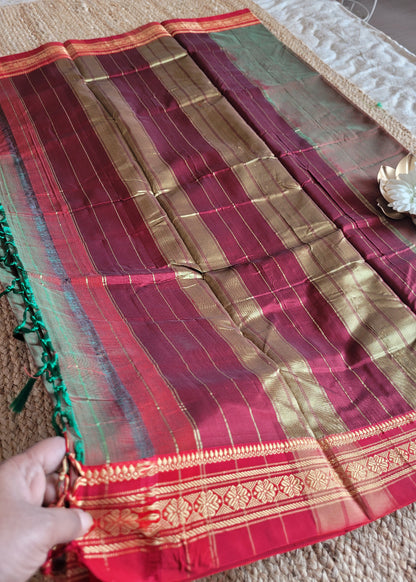 Brown And Red Dual Tone Ilkal Silk Cotton Saree -Karnataka