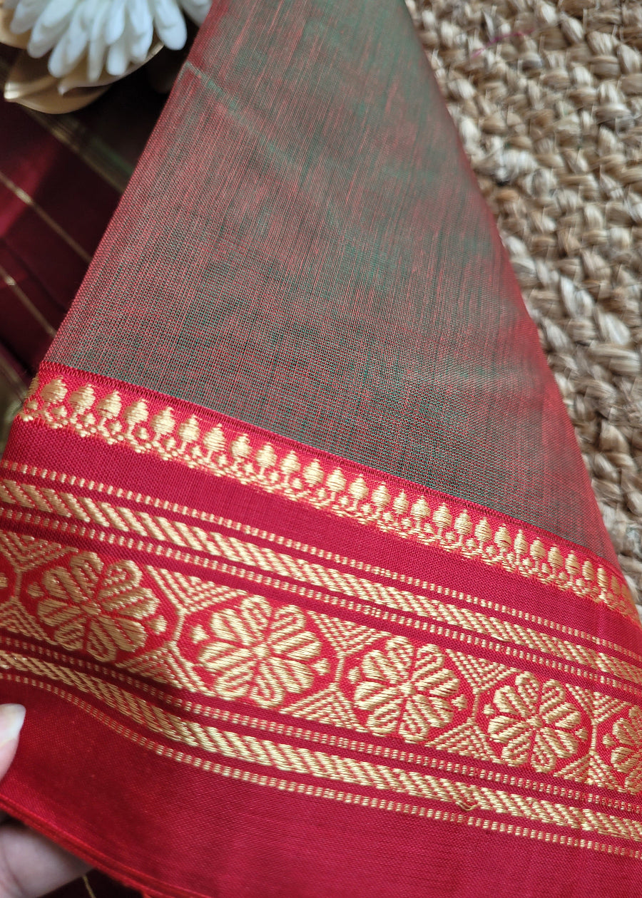 Brown And Red Dual Tone Ilkal Silk Cotton Saree -Karnataka