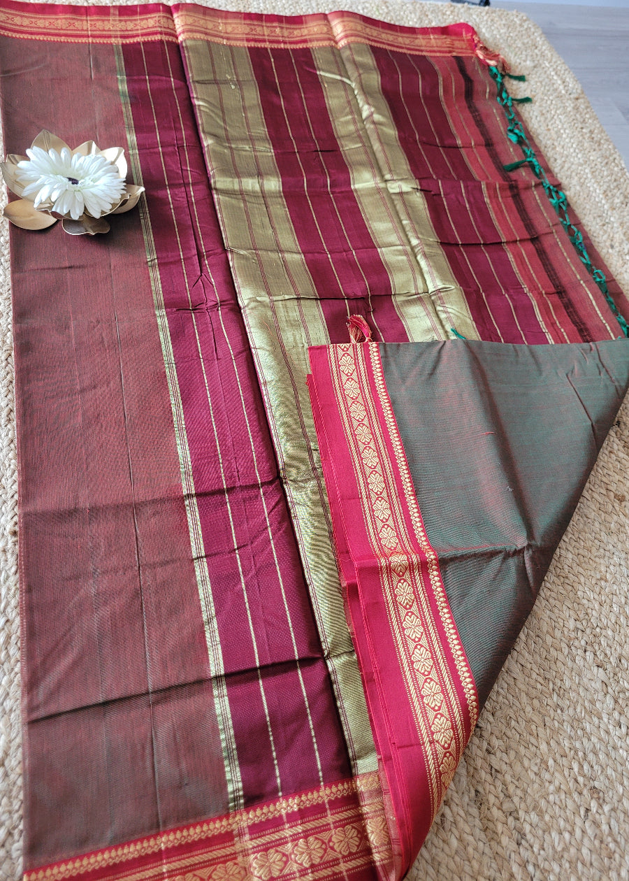 Brown And Red Dual Tone Ilkal Silk Cotton Saree -Karnataka