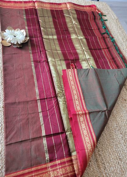 Brown And Red Dual Tone Ilkal Silk Cotton Saree -Karnataka
