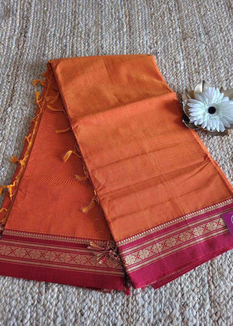 Orange And Red Ilkal Silk Cotton Saree- Karnataka