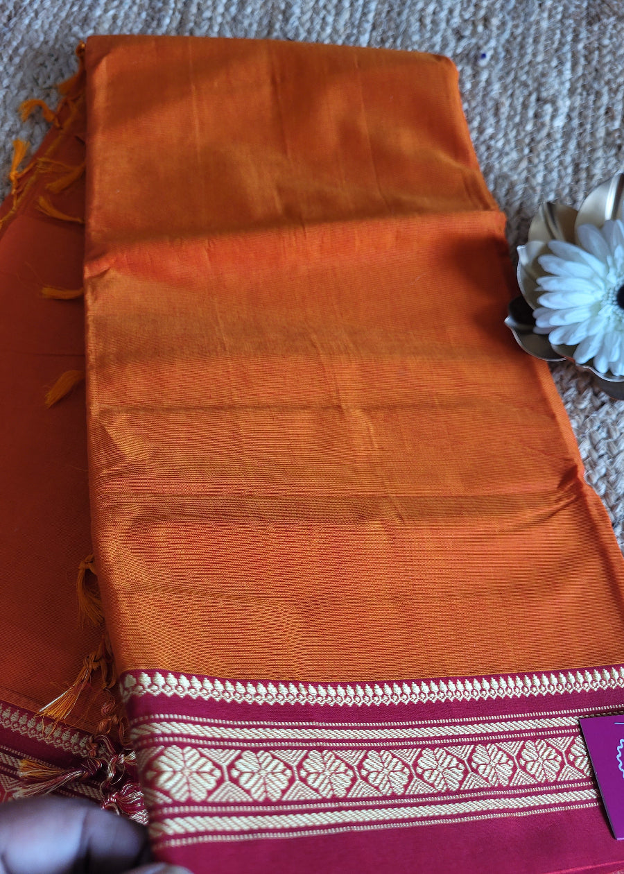Orange And Red Ilkal Silk Cotton Saree- Karnataka