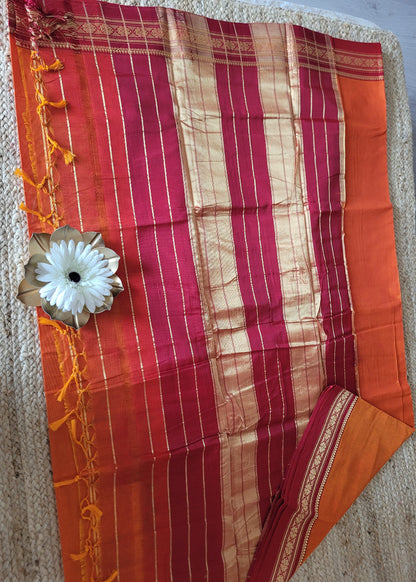 Orange And Red Ilkal Silk Cotton Saree- Karnataka