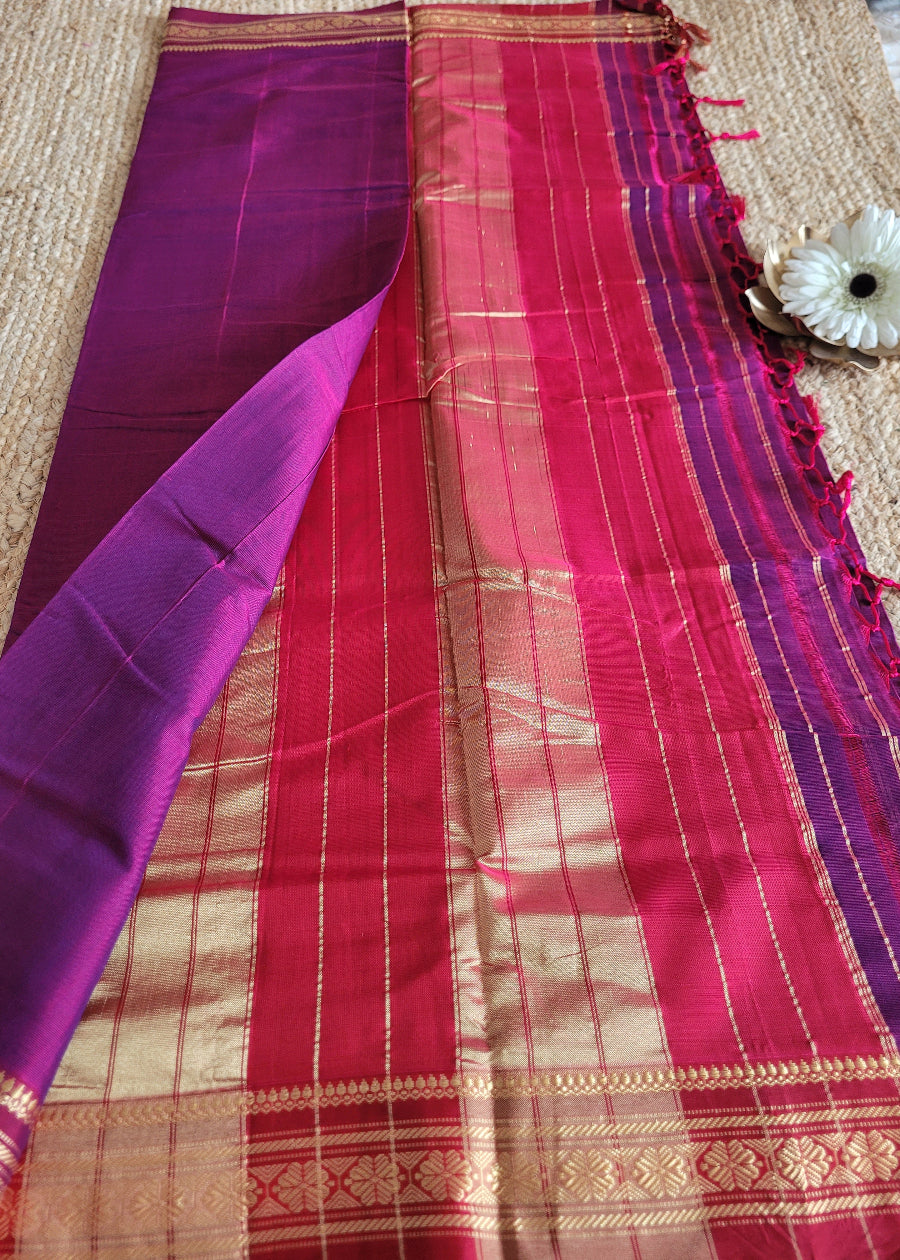 Purplish Majenta And Red Silk Cotton Ilkal Saree- Karnataka