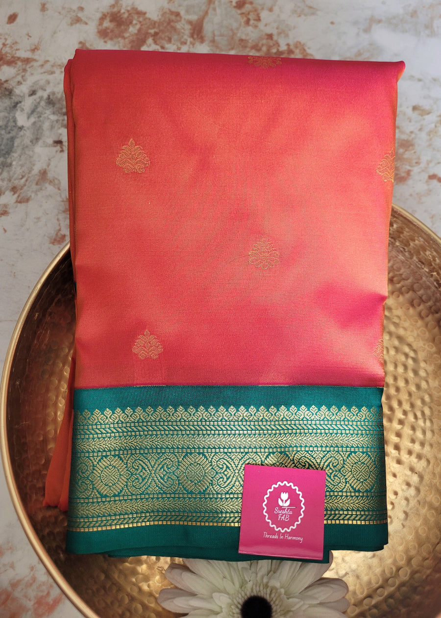 Brick Red And Rama Green Semi Kanchi Silk Saree- TN