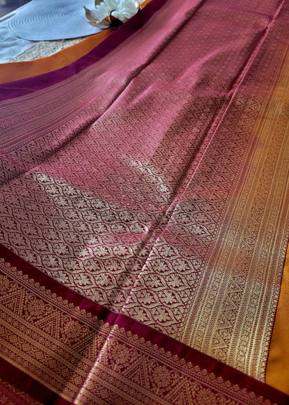 Semi Kanchi Silk Saree In Mustard Yellow And Maroon- TN