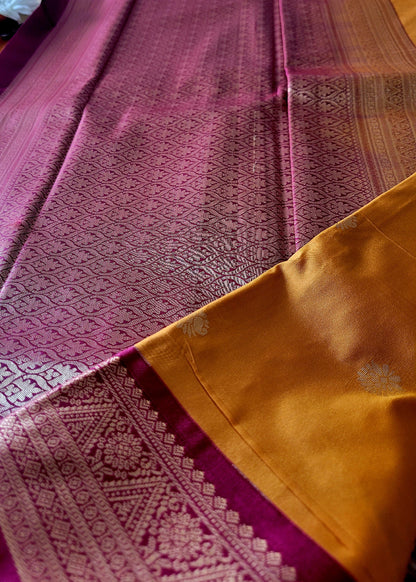 Semi Kanchi Silk Saree In Mustard Yellow And Maroon- TN