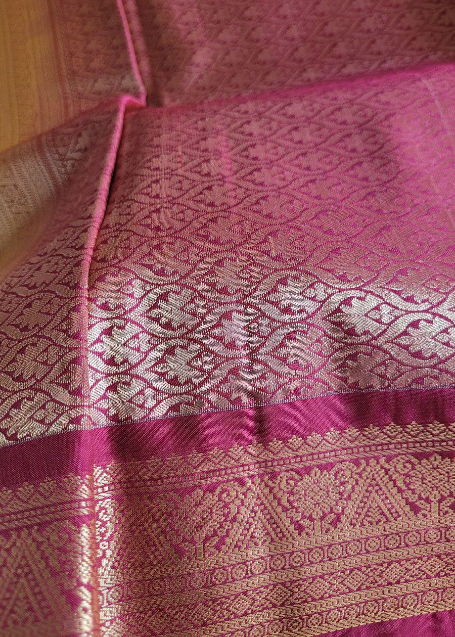 Semi Kanchi Silk Saree In Mustard Yellow And Maroon- TN