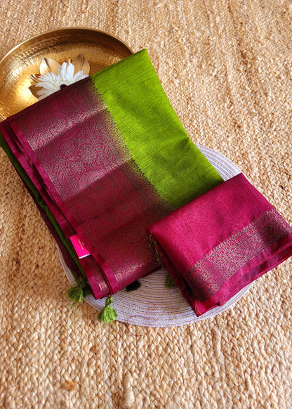 Leaf Green And Maroon Semi Jute Silk Saree-Bengal