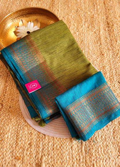 Greengram Green And CopperSulphate Blue Semi Jute Silk- Bengal