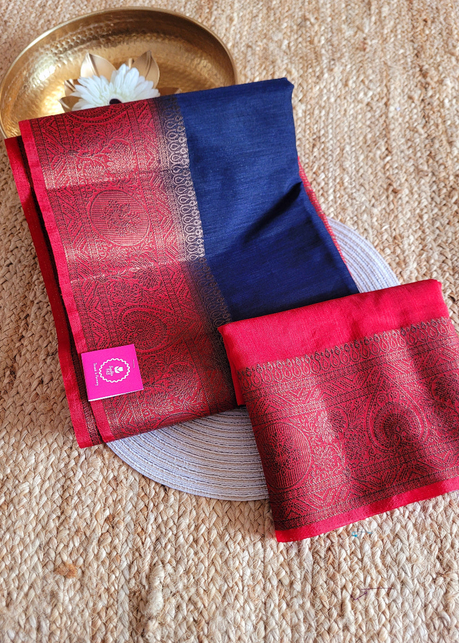 Semi Jute Silk Saree In Navy Blue And Red- Bengal