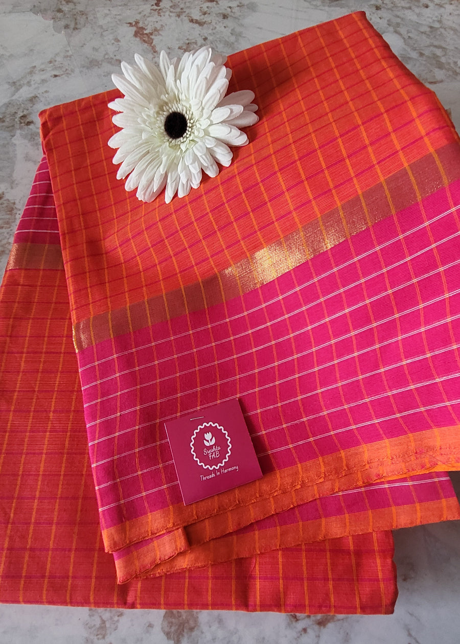 Orange And Fuchsia Pink Mangalgiri Cotton Saree- Andhra