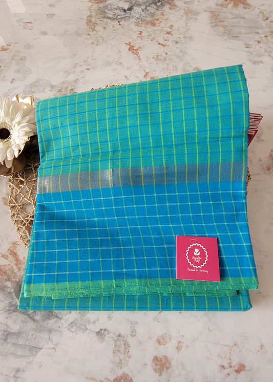Teal Green And Blue Mangalgiri Cotton Saree- Andhra