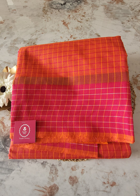 Orange And Fuchsia Pink Mangalgiri Cotton Saree- Andhra