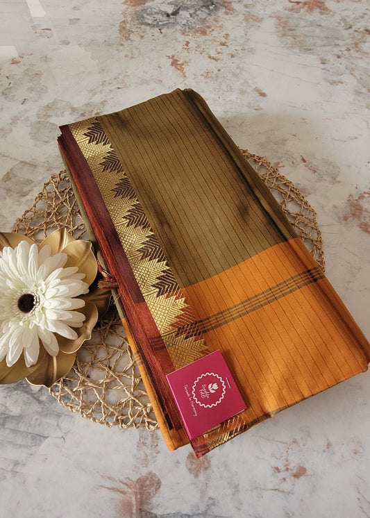 Greengram Green With Mustard Yellow Polycotton Saree-Casual