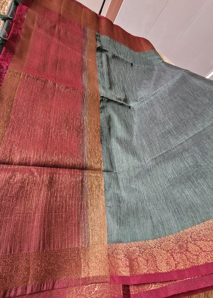 Semi Jute Silk Saree In Dark Grey And Maroon- Bengal
