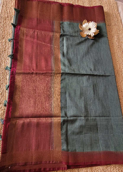 Semi Jute Silk Saree In Dark Grey And Maroon- Bengal