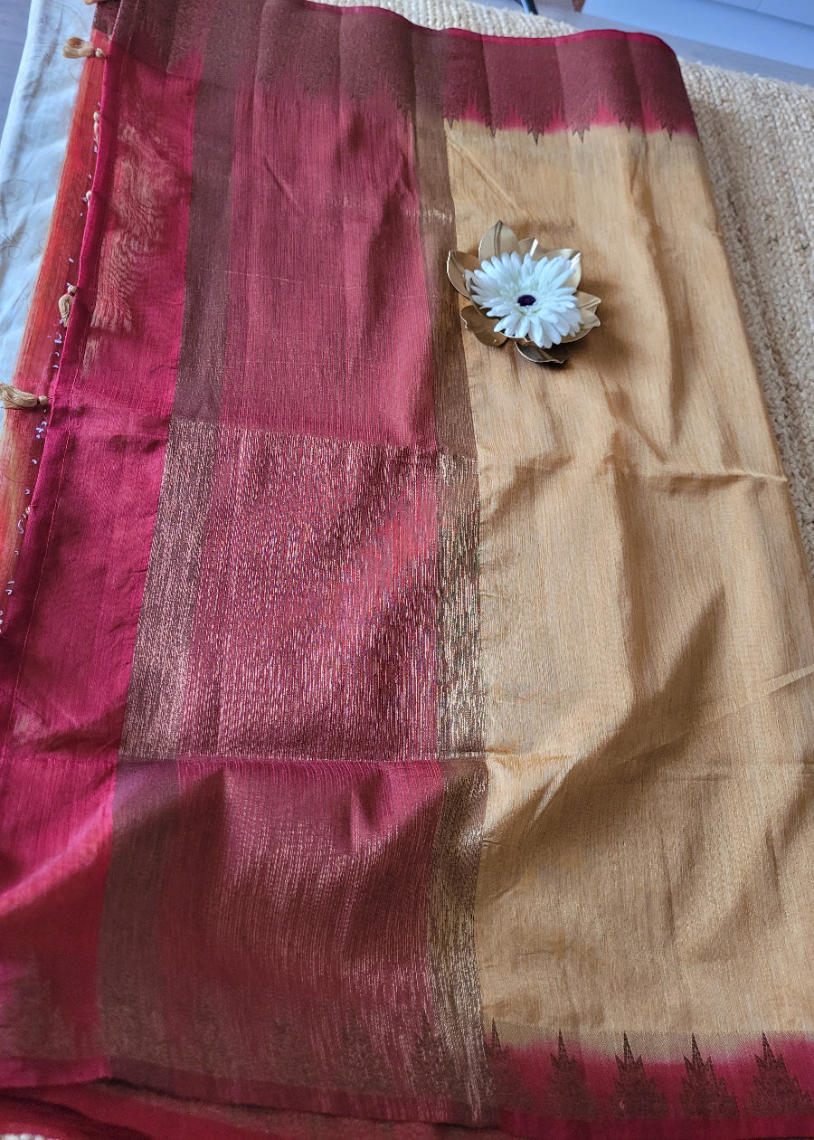 Sandal and Maroon Colour Semi Jute Silk Saree- Bengal