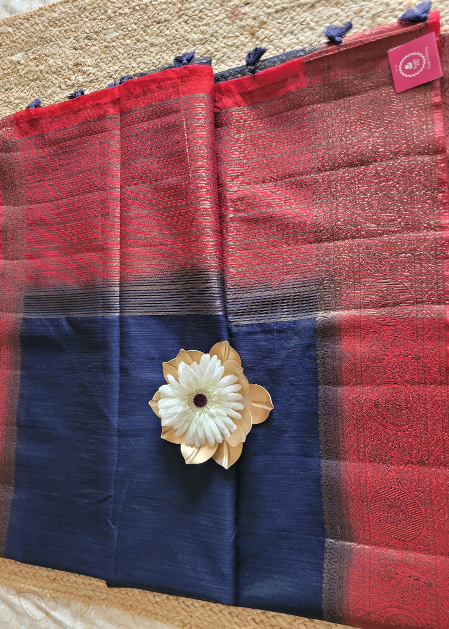 Semi Jute Silk Saree In Navy Blue And Red- Bengal