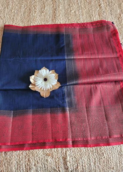 Semi Jute Silk Saree In Navy Blue And Red- Bengal