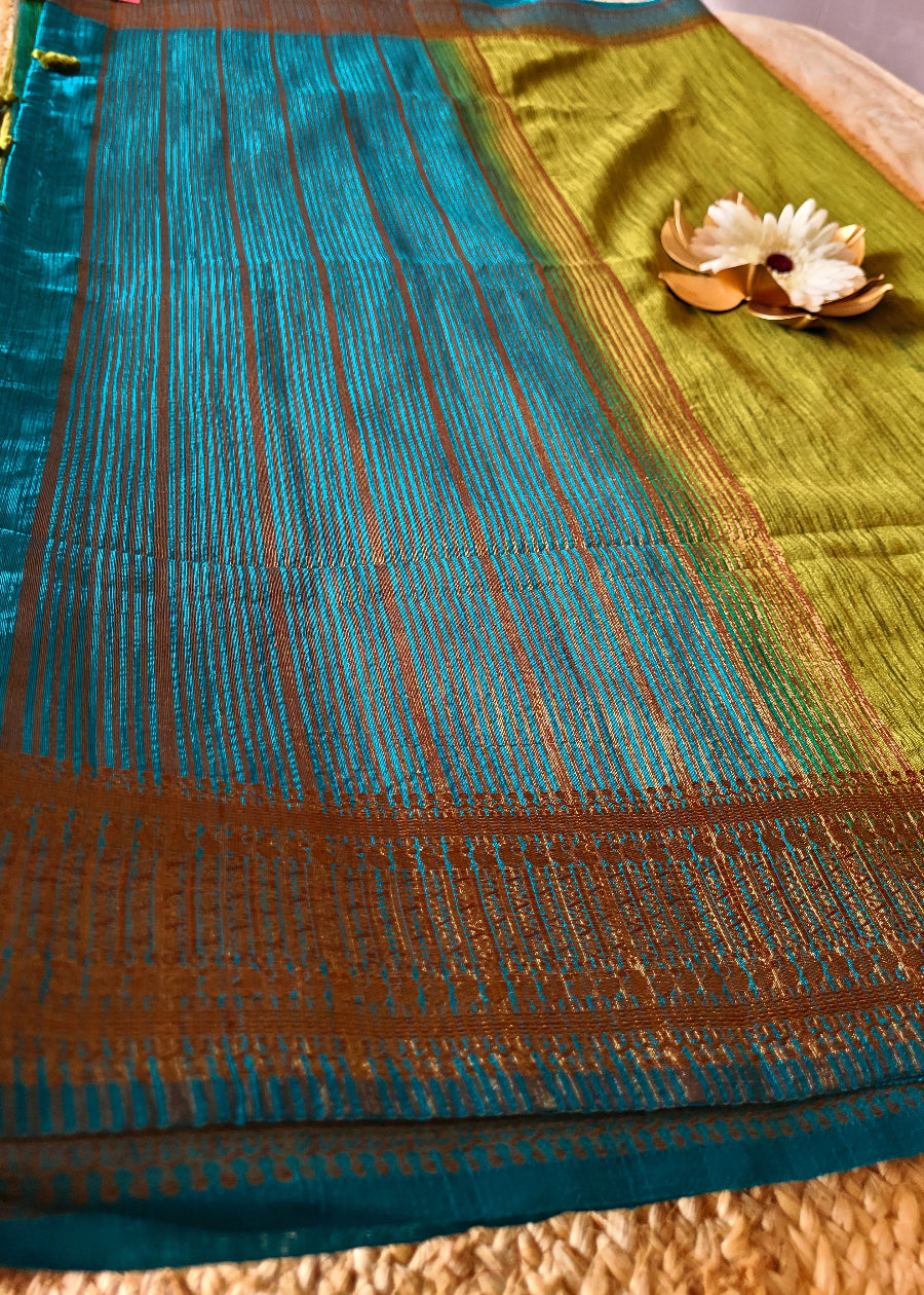 Greengram Green And CopperSulphate Blue Semi Jute Silk- Bengal