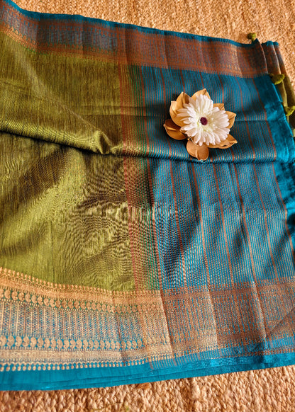 Greengram Green And CopperSulphate Blue Semi Jute Silk- Bengal
