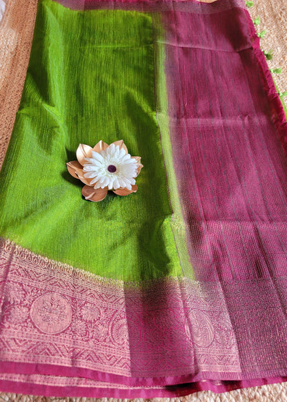Leaf Green And Maroon Semi Jute Silk Saree-Bengal