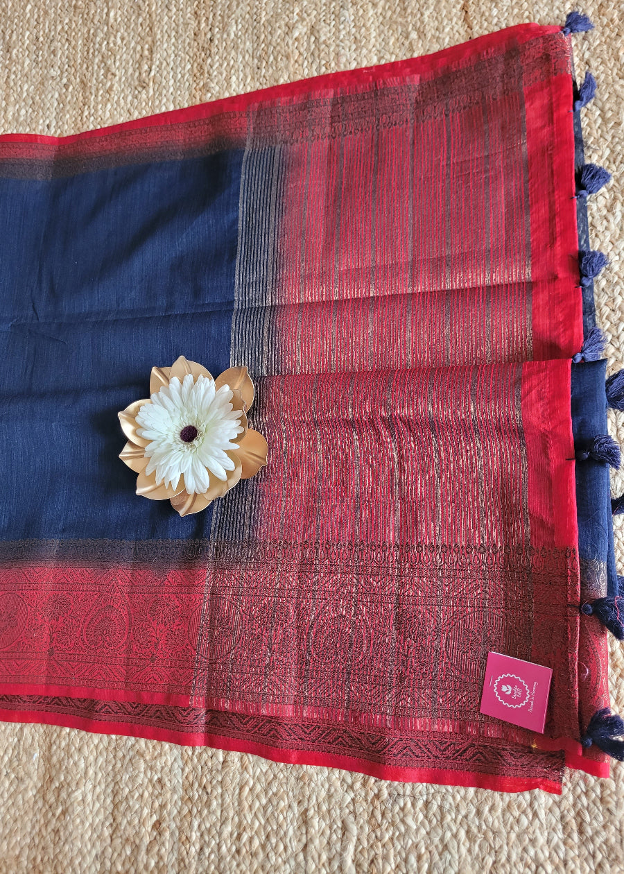 Semi Jute Silk Saree In Navy Blue And Red- Bengal