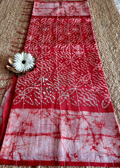 Red Jute Cotton Saree With Batik Print- Bengal
