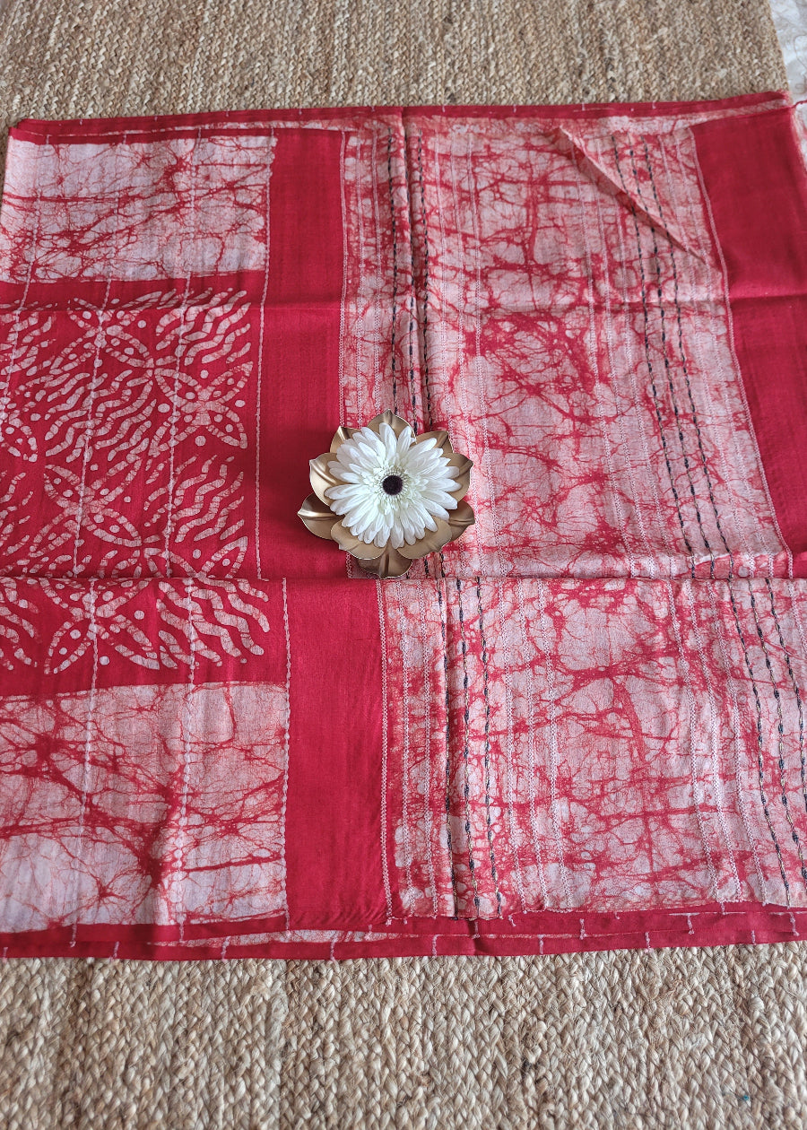 Red Jute Cotton Saree With Batik Print- Bengal
