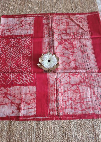 Red Jute Cotton Saree With Batik Print- Bengal