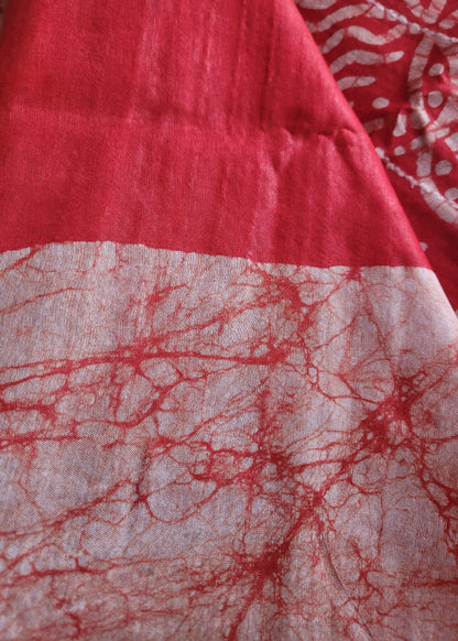 Red Jute Cotton Saree With Batik Print- Bengal