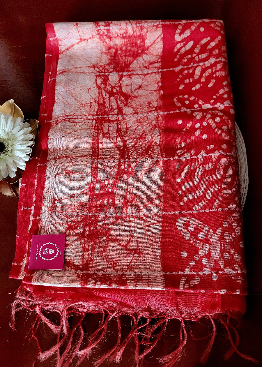 Red Jute Cotton Saree With Batik Print- Bengal