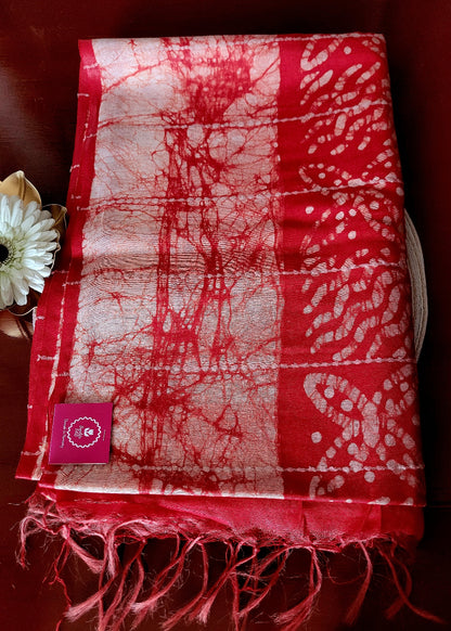 Red Jute Cotton Saree With Batik Print- Bengal