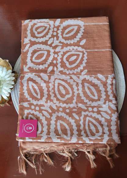 Light Chocolate Jute cotton Saree In Batik Print- Bengal
